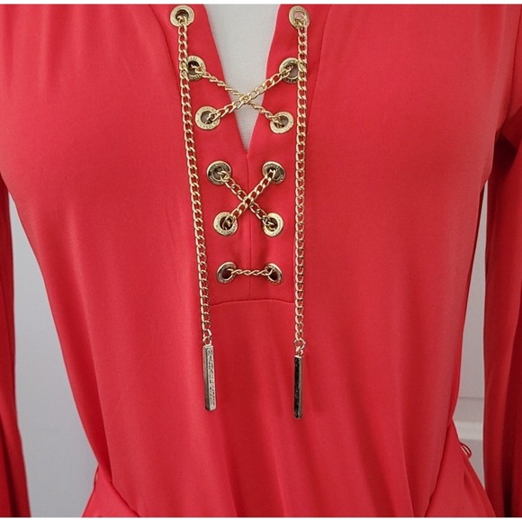 Michael Kors Coral Dress Gold Chain Lace Up Detail Roll Tab Sleeve - Picture 2 of 9